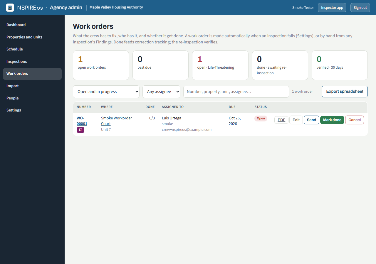 The office's Work orders page with tiles, filters and a table