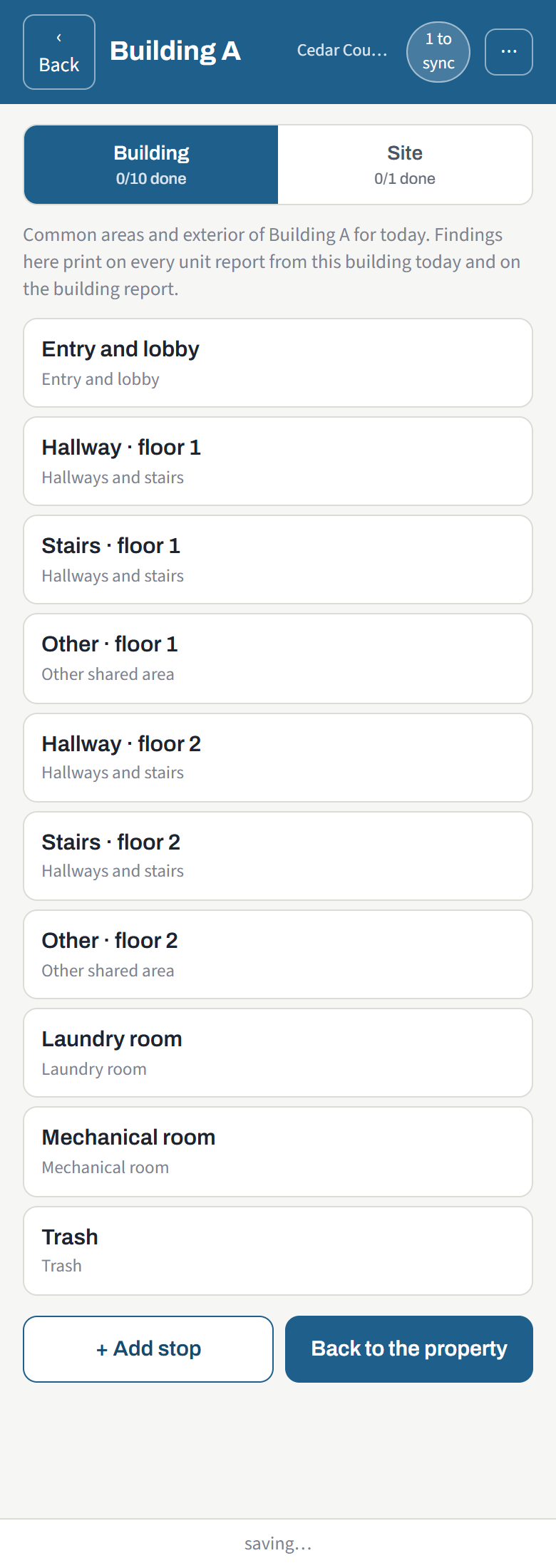 A building walk: entry and lobby, hallway, stairs and other stops for each floor, laundry, mechanical room and trash