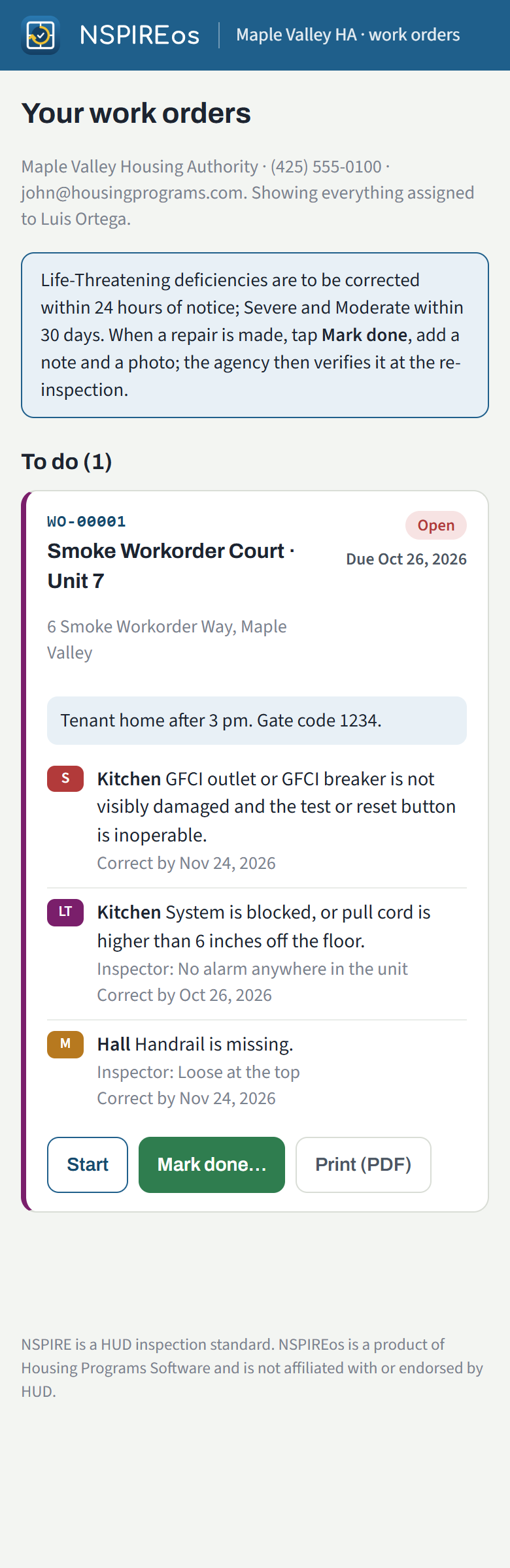 The crew's work order page: the deficiencies with severity, the inspector's comment, Start, Mark done and Print