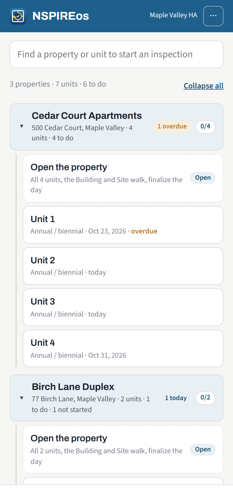 The inspector's home screen: properties grouped with their units, counts of units inspected and to do, and an overdue marker