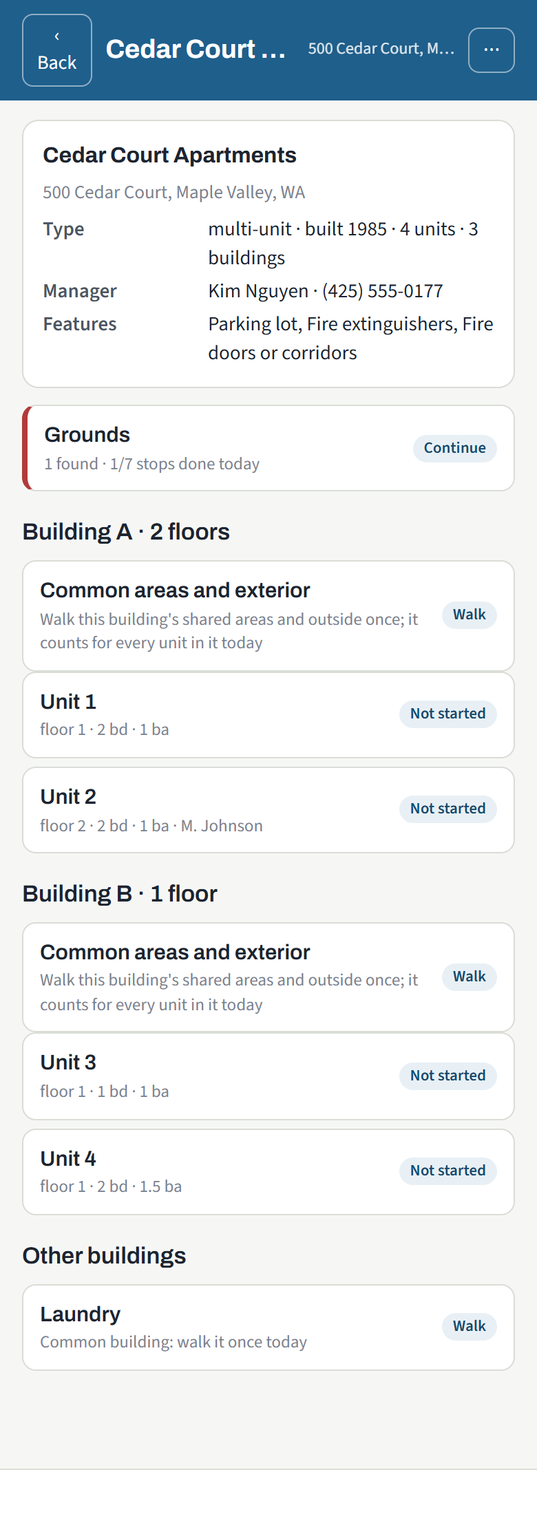 A property screen: Grounds, Building A with two floors and its units, Building B, and a Laundry building